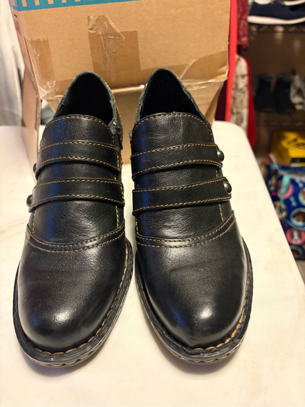 Born Black Leather Slip-On Loafers with Contrast Stitching